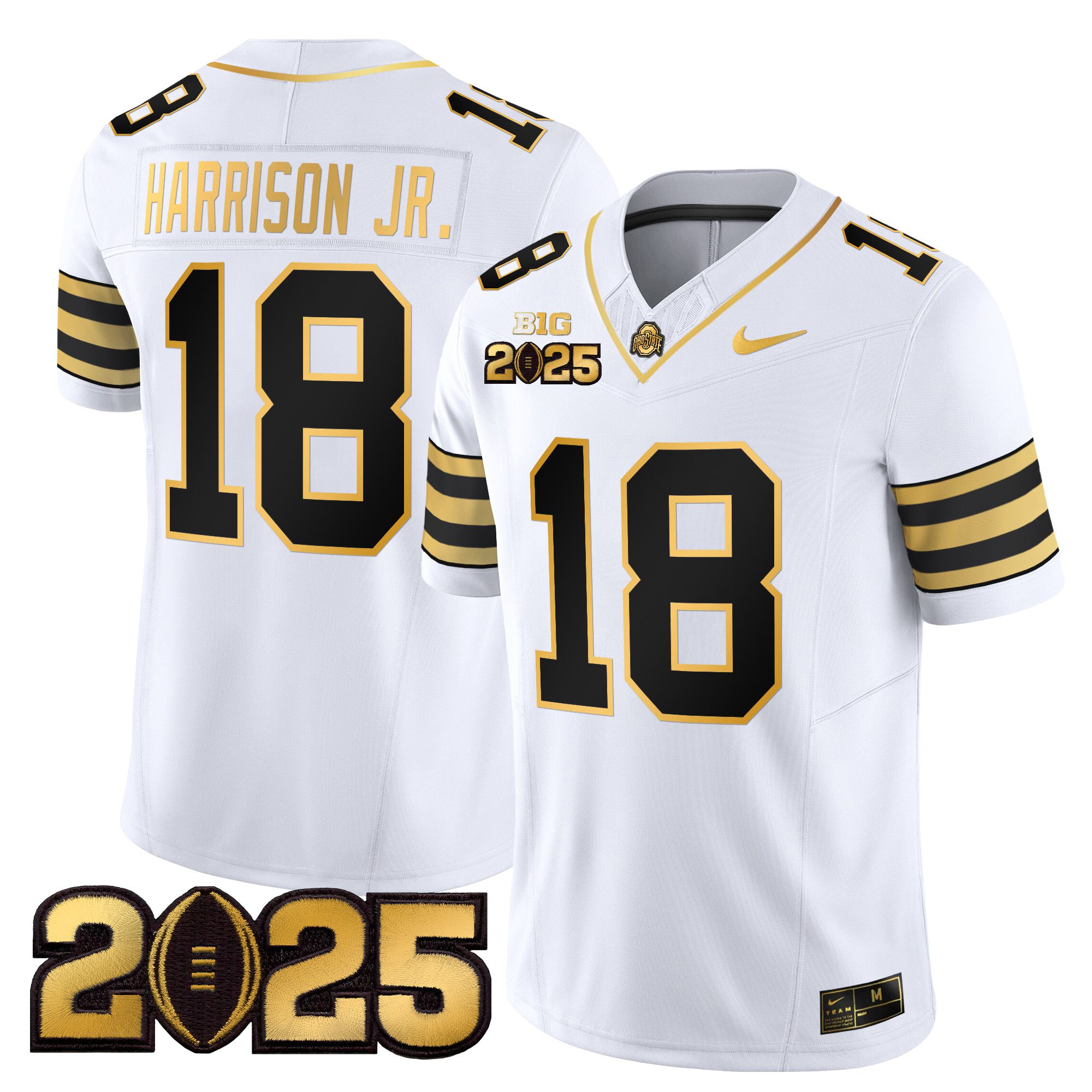 Men Ohio State Buckeyes #18 Harrison jr White 2025 CFP Final Patch Gold Vapor Limited NCAA Jersey